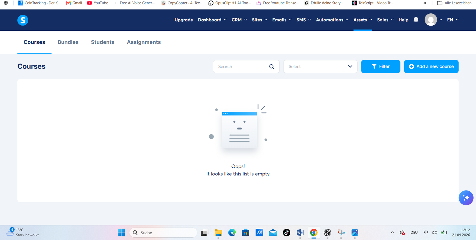 Systeme.io course dashboard used in MarketingFlow's hands-on test