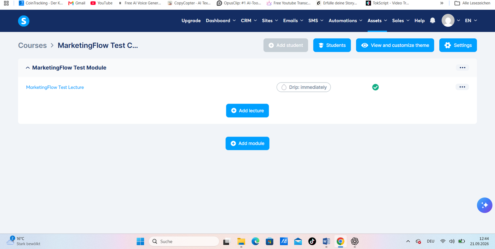 Activated Systeme.io test lecture in the course curriculum