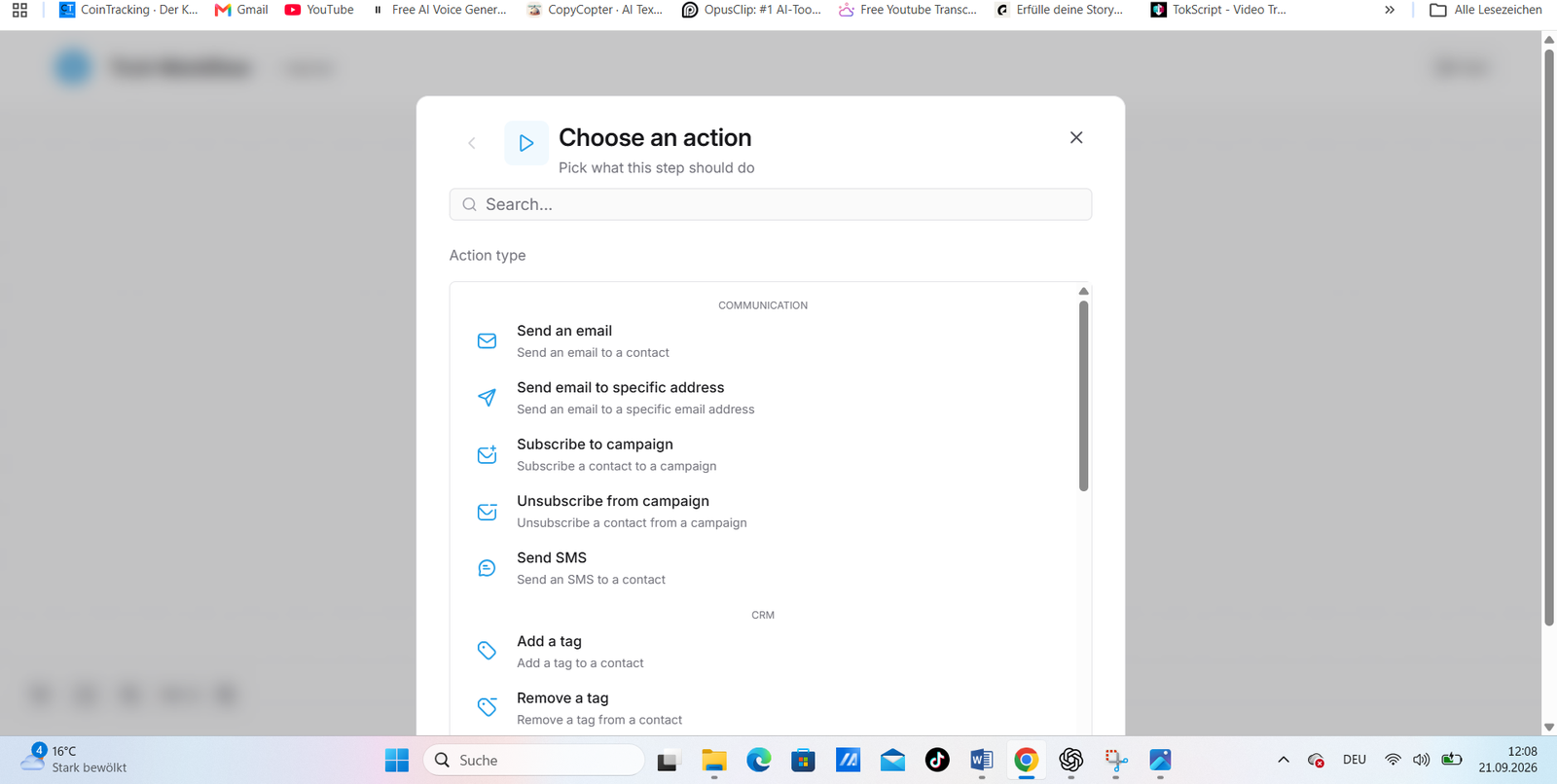 Systeme.io workflow automation actions shown during MarketingFlow's test